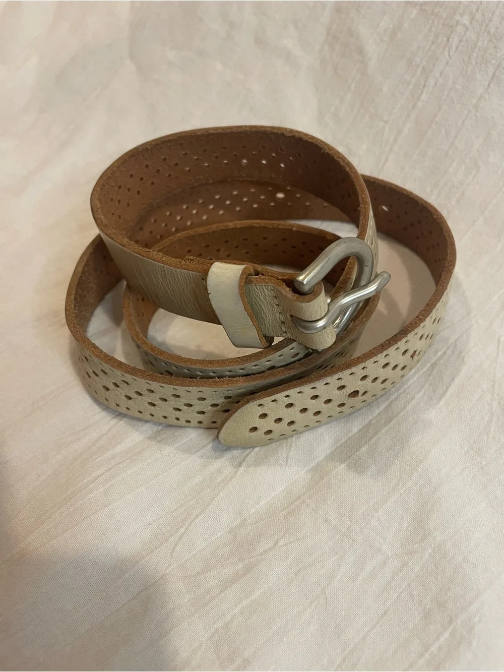Genuine Leather Perforated Skinny Belt Ivory Cream Boho Minimalist Medium